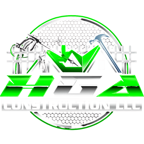 Construction logo with tools, green accents, and hexagonal background