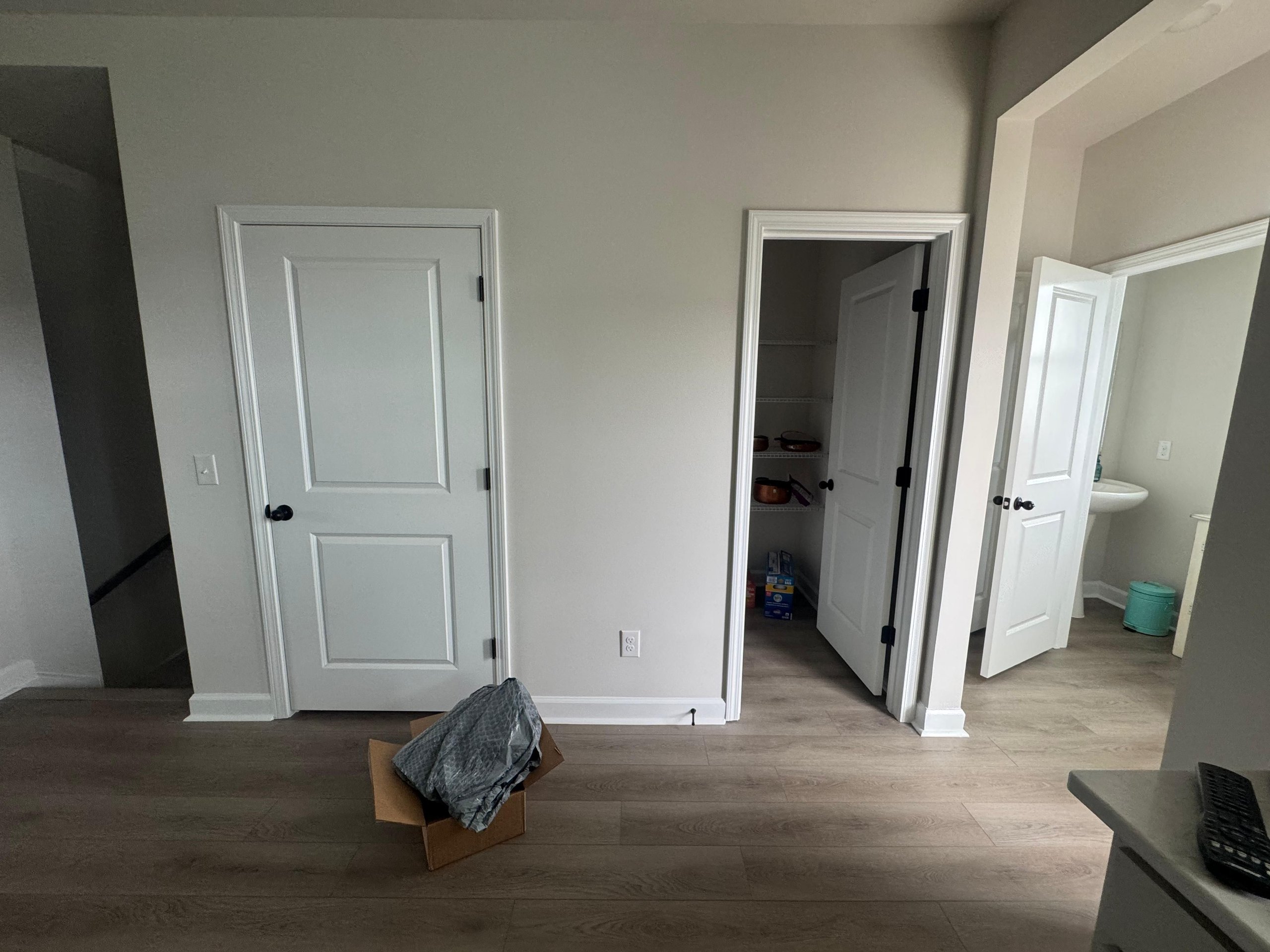 White doors and hallway with open closet and cardboard box