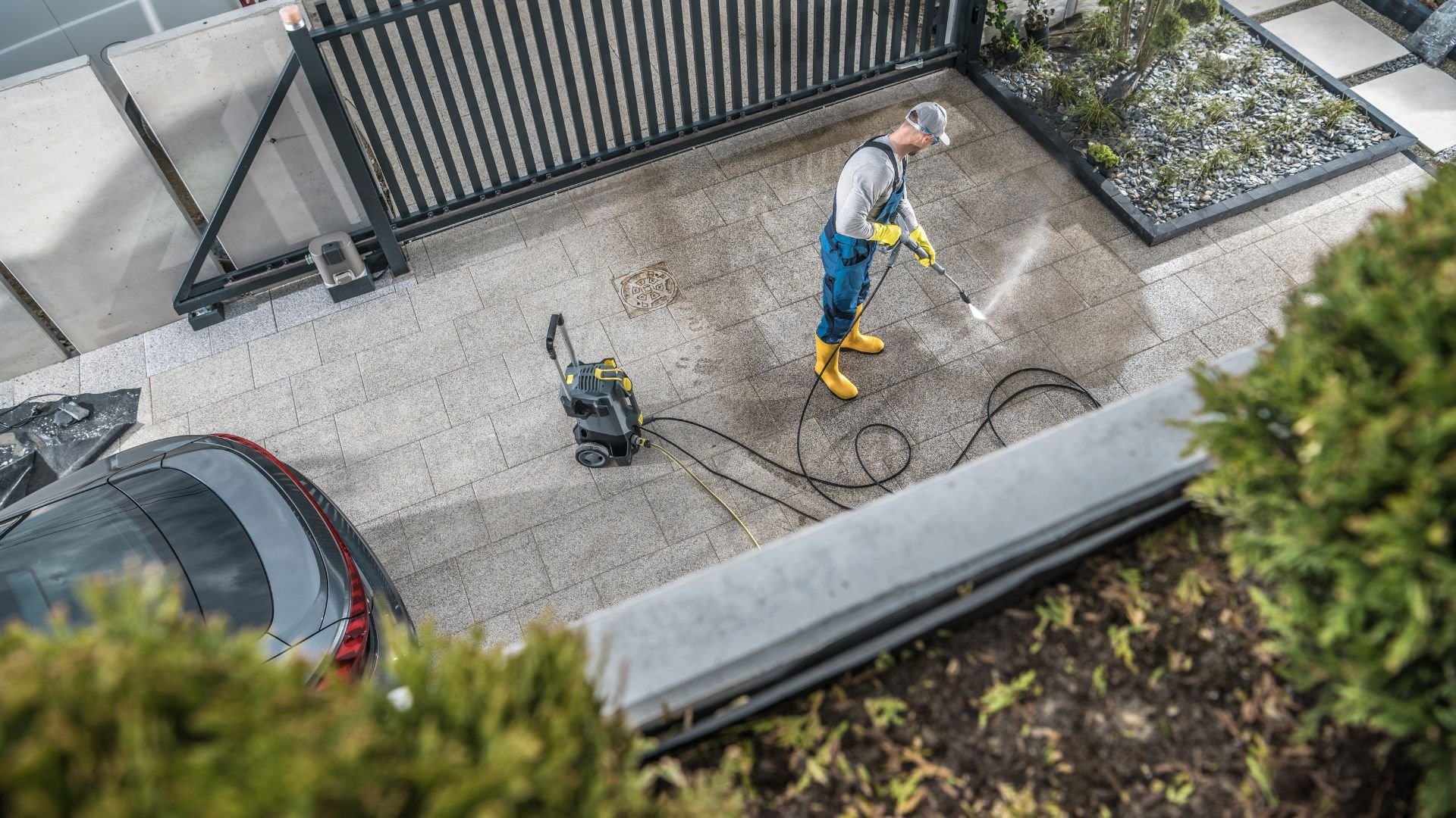 Worker using pressure washer to clean outdoor patio near car and gate